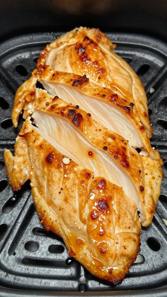 Sliced air-fryer chicken breast with visible juices