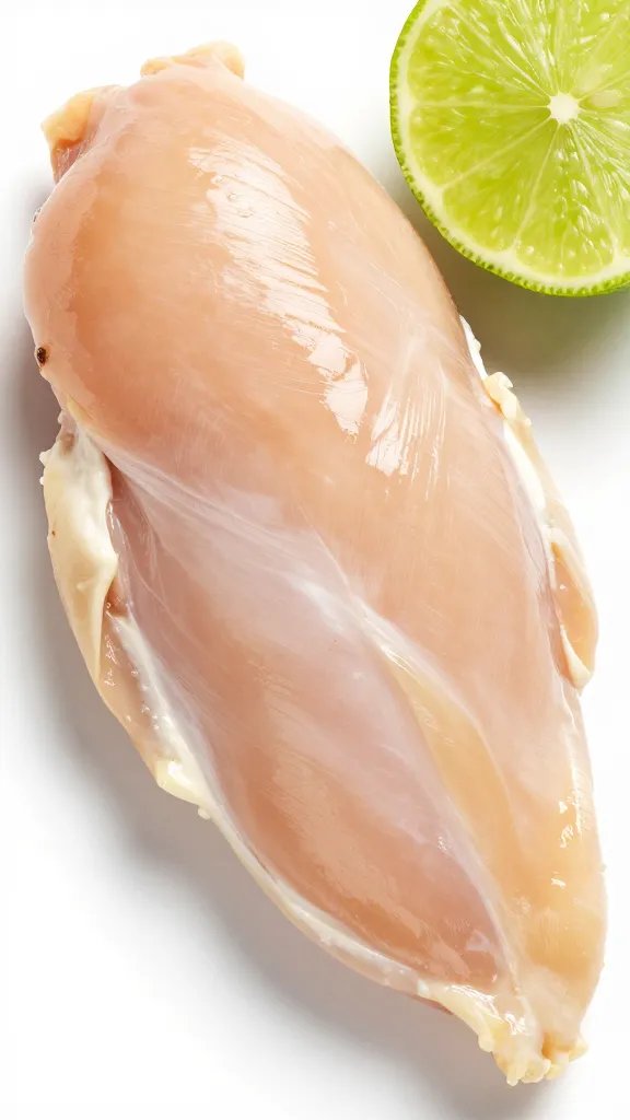 Overhead closeup of chicken breast with lime wedge