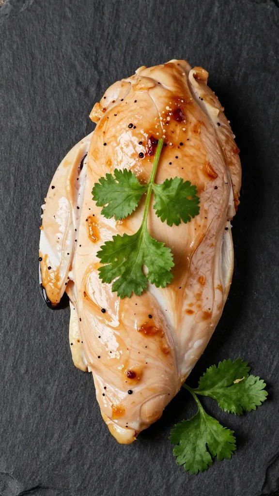 Juicy chicken breast on black slate, cilantro garnish