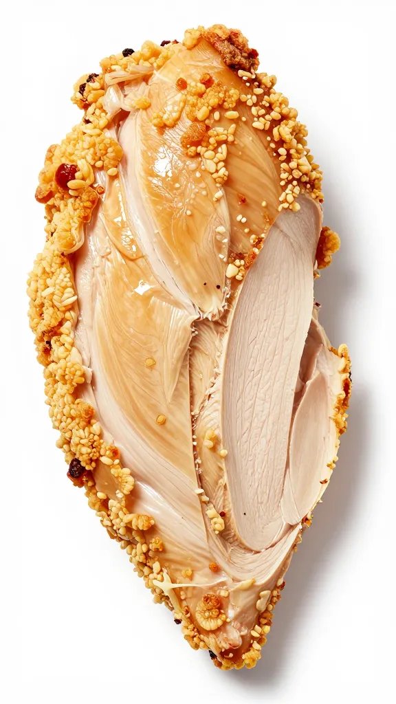 Cross-section of tender chicken breast, crispy exterior
