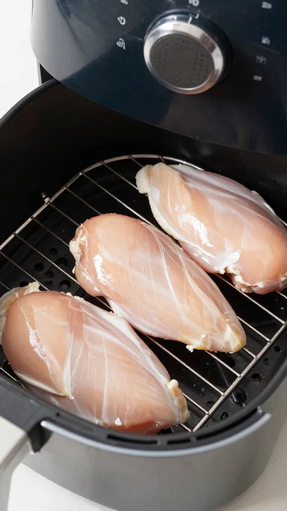 Chicken breast resting on wire rack, air-fryer finish