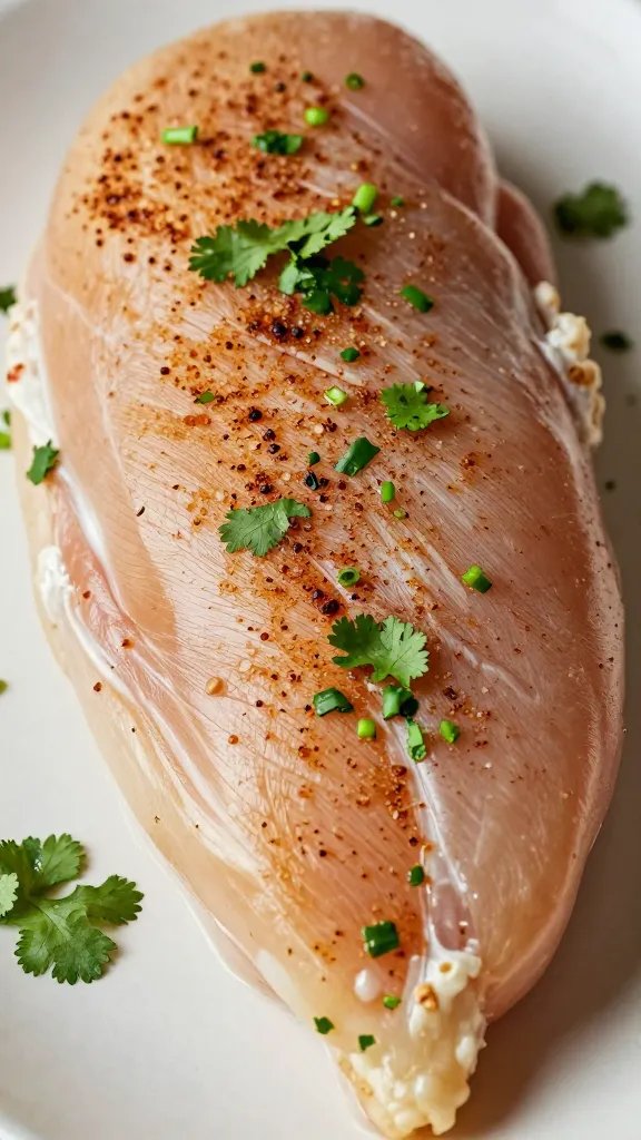 Closeup of seasoned raw chicken breast with chopped cilantro