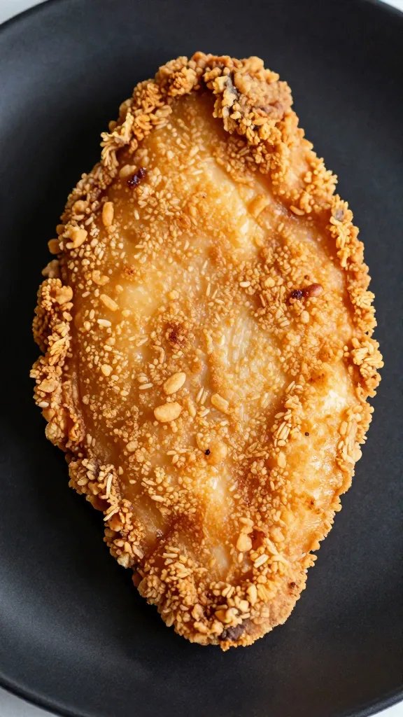 closeup of crispy air-fried chicken breast on black plate