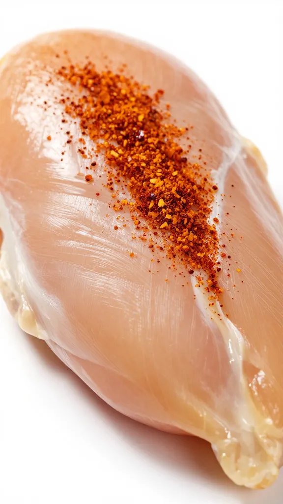 raw chicken breast dusted with smoked paprika, macro shot