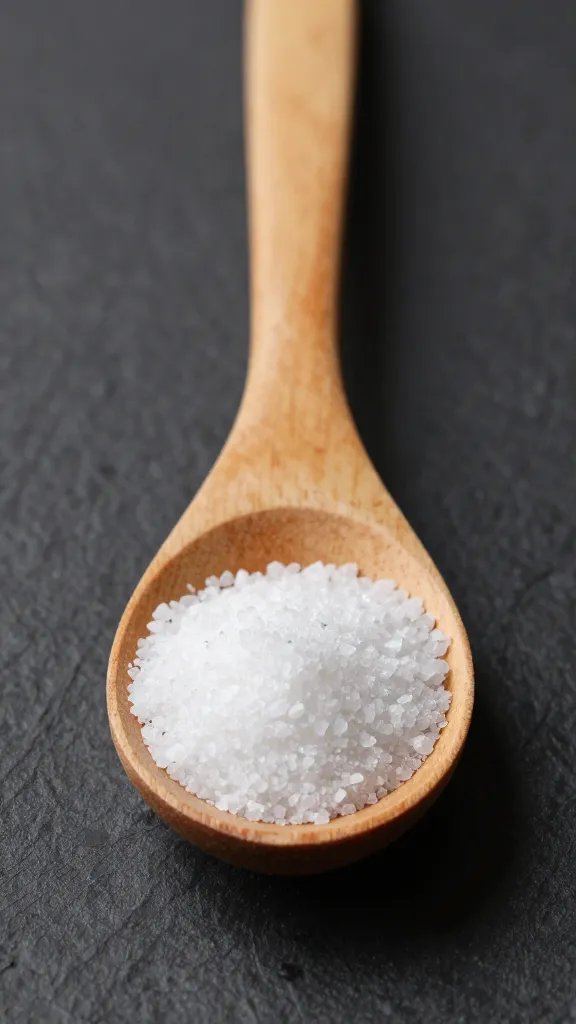 wooden spoon heaped with garlic salt, studio lighting