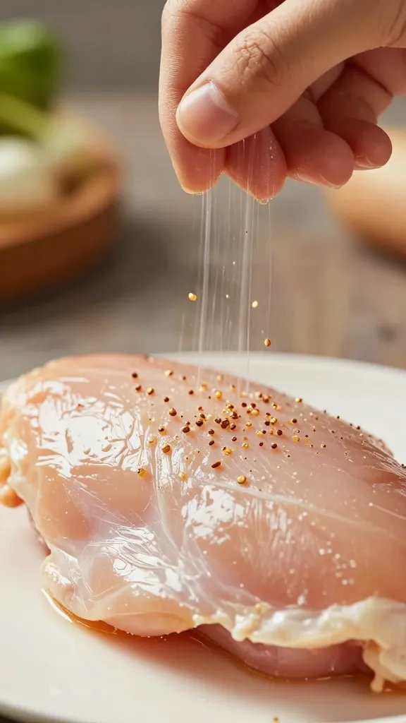 hand sprinkling rub onto single chicken breast, closeup