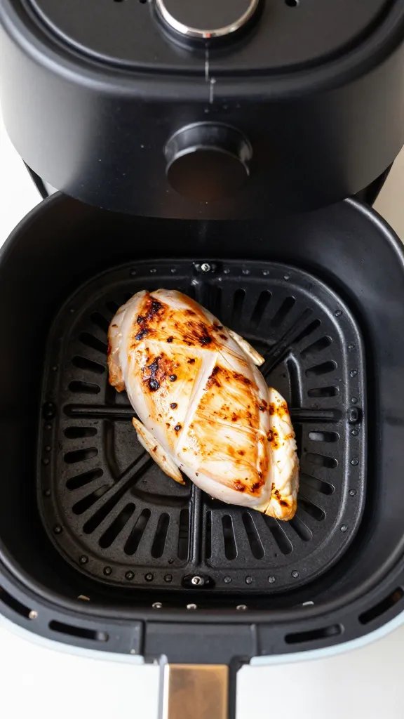 air fryer basket with one cooked chicken breast, overhead