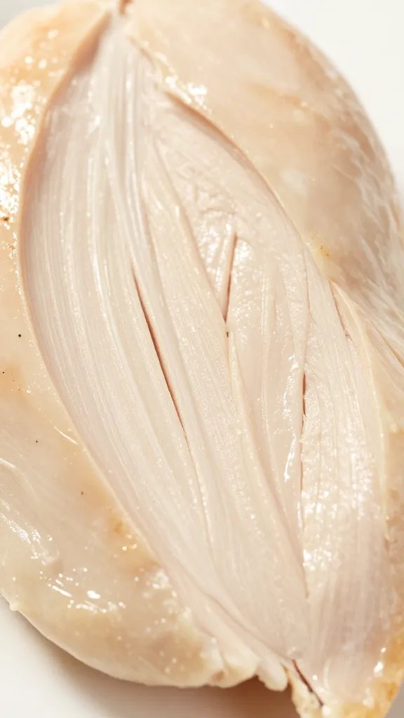 sliced juicy chicken breast showing tender center, closeup
