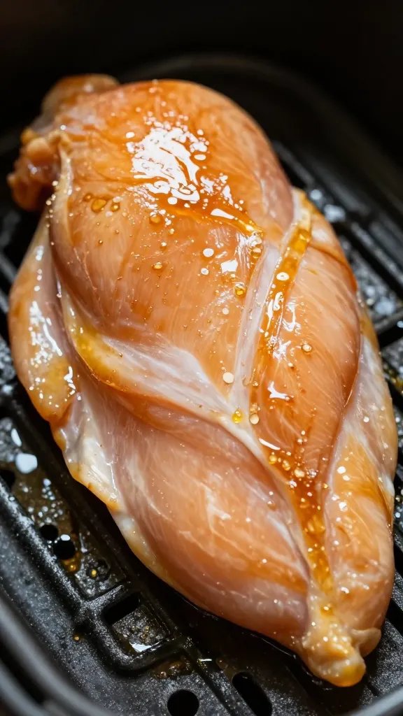 oil-sheened chicken breast before air frying, macro texture