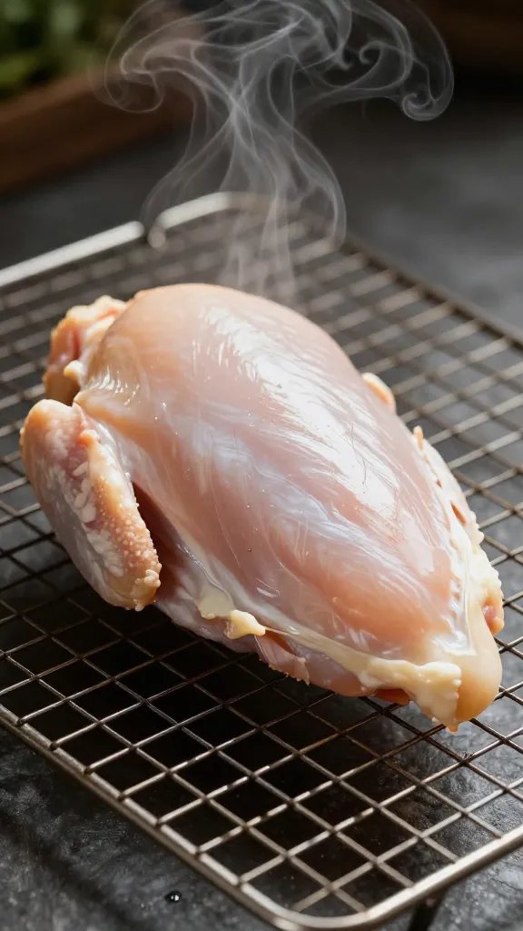 single chicken breast resting on wire rack, steam rising