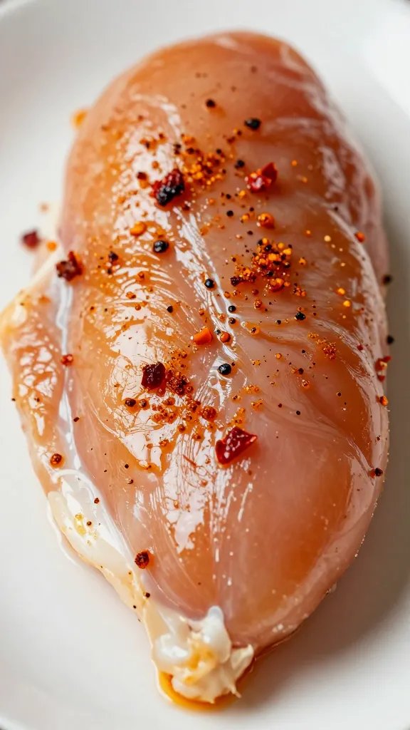 glossy smoked paprika rub on raw chicken breast, tight shot
