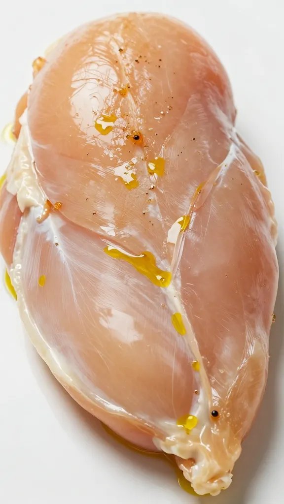 closeup seasoned raw chicken breast with olive oil sheen