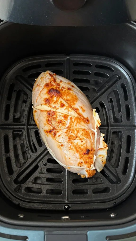 air fryer basket holding single cooked chicken breast
