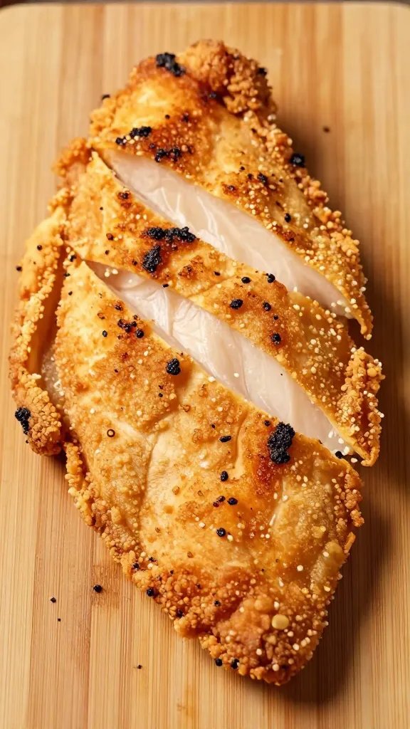 sliced air-fried chicken breast on wooden cutting board