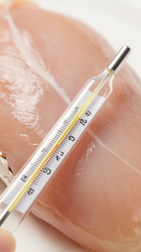 thermometer probe in juicy chicken breast, closeup