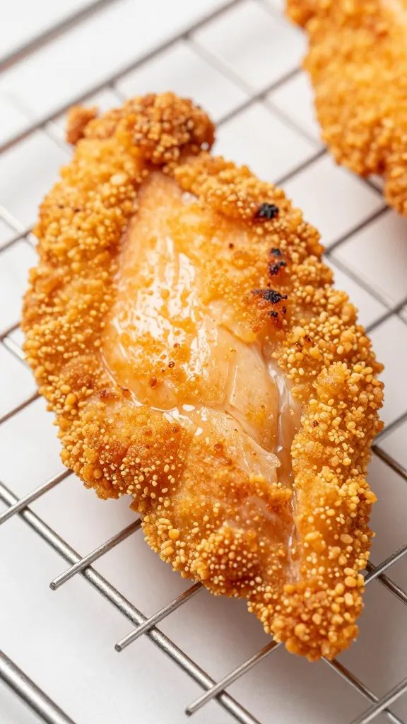 crispy chicken breast resting on wire rack, closeup
