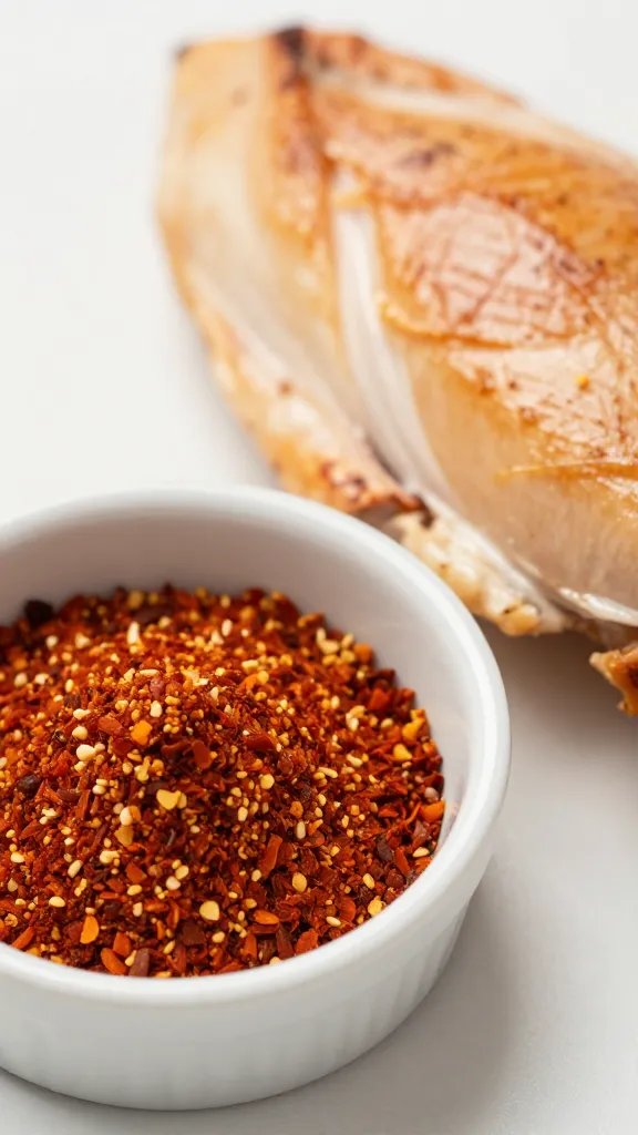 small bowl of smoked paprika next to chicken breast, closeup
