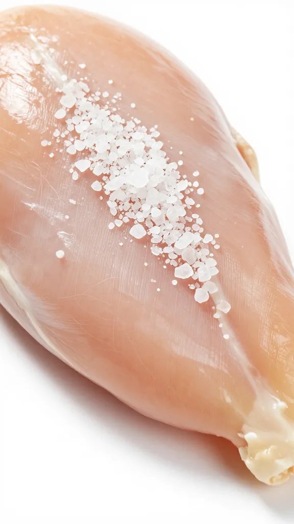 coarse kosher salt crystals on raw chicken breast, macro