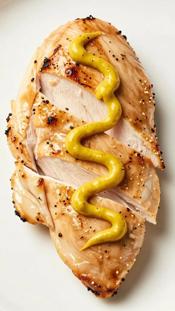 Sliced mustard-crusted chicken breast showing juicy interior