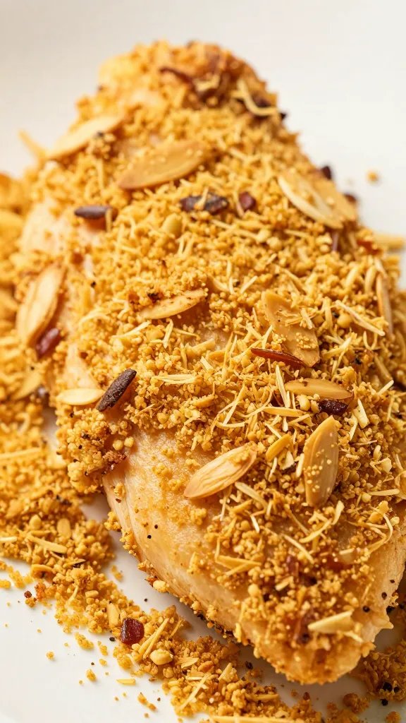 Golden almond flour crust on chicken breast, macro shot