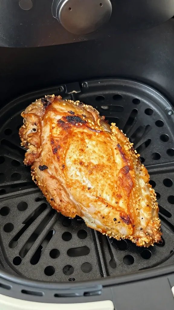 Air fryer basket holding one crispy chicken breast, closeup