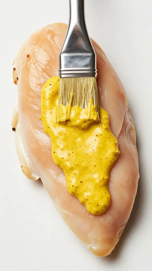 Brushed Dijon mustard on chicken breast, tight overhead