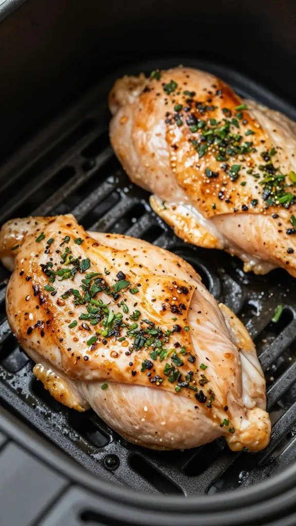 Fresh herb-coated chicken breast before air frying, closeup