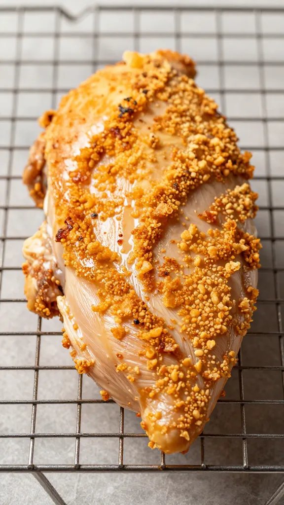 Resting chicken breast on wire rack, crispy crust detail