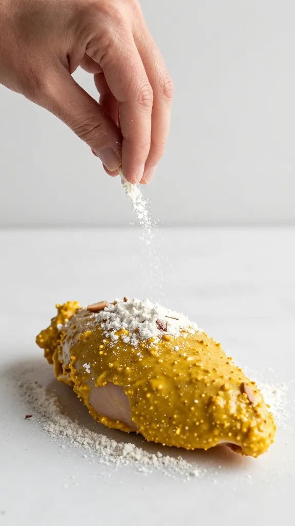 Hand sprinkling almond flour onto one mustard-coated breast