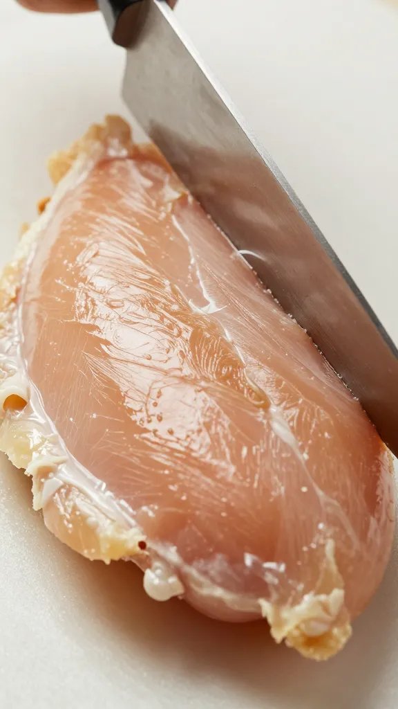 Knife cutting through crusted chicken breast, texture reveal