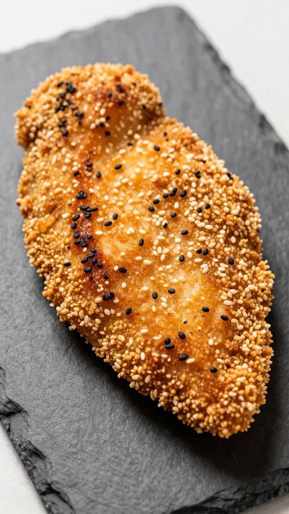 closeup sesame-crusted air fryer chicken breast on slate plate
