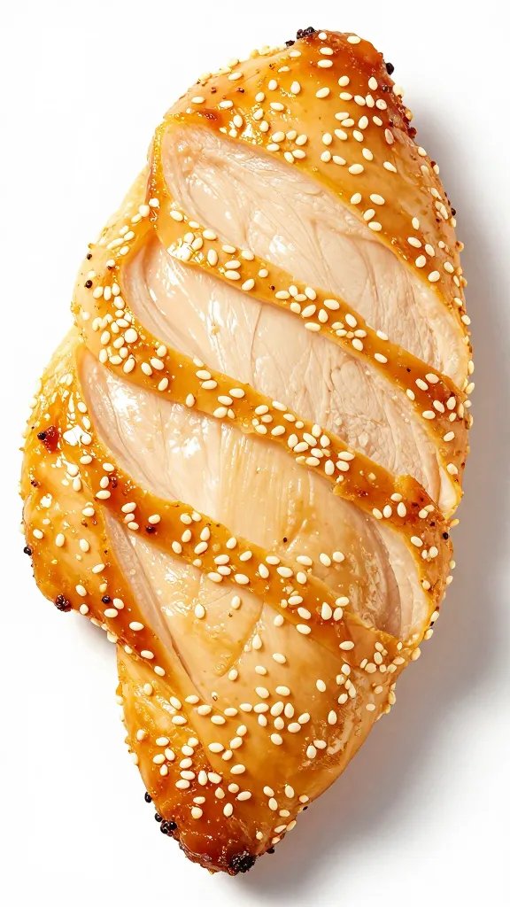 golden sesame chicken breast sliced to show juicy center