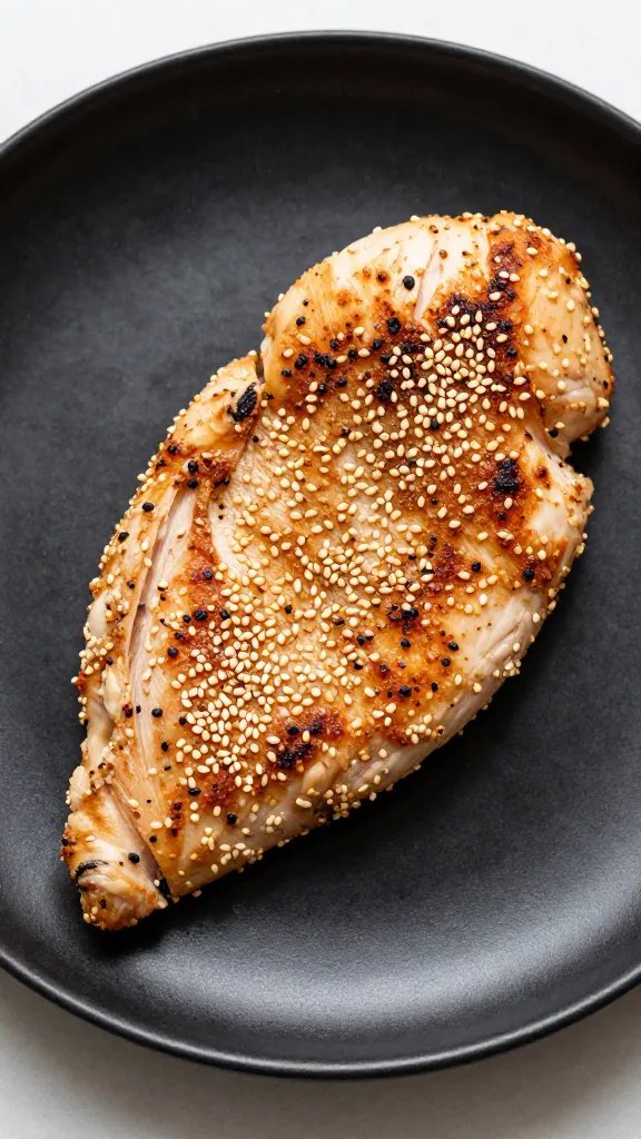 crisp sesame-crusted chicken breast on black ceramic plate