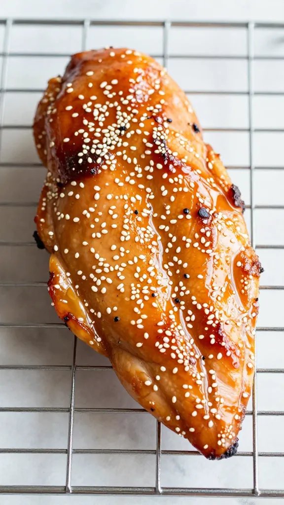 juicy sesame chicken breast resting on wire rack