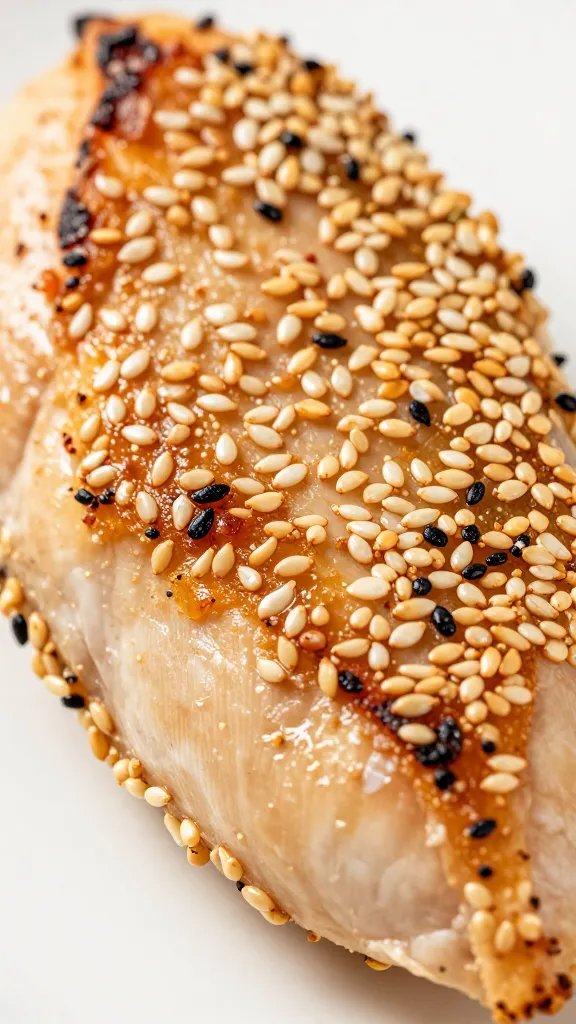 macro shot of toasted sesame crust on chicken breast