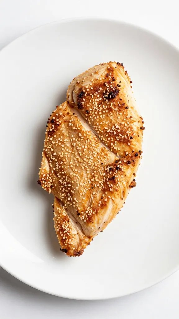 sesame-crusted chicken breast on white plate, minimal garnish