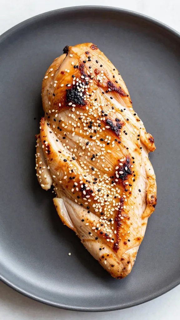 sesame chicken breast with cracked pepper on matte plate