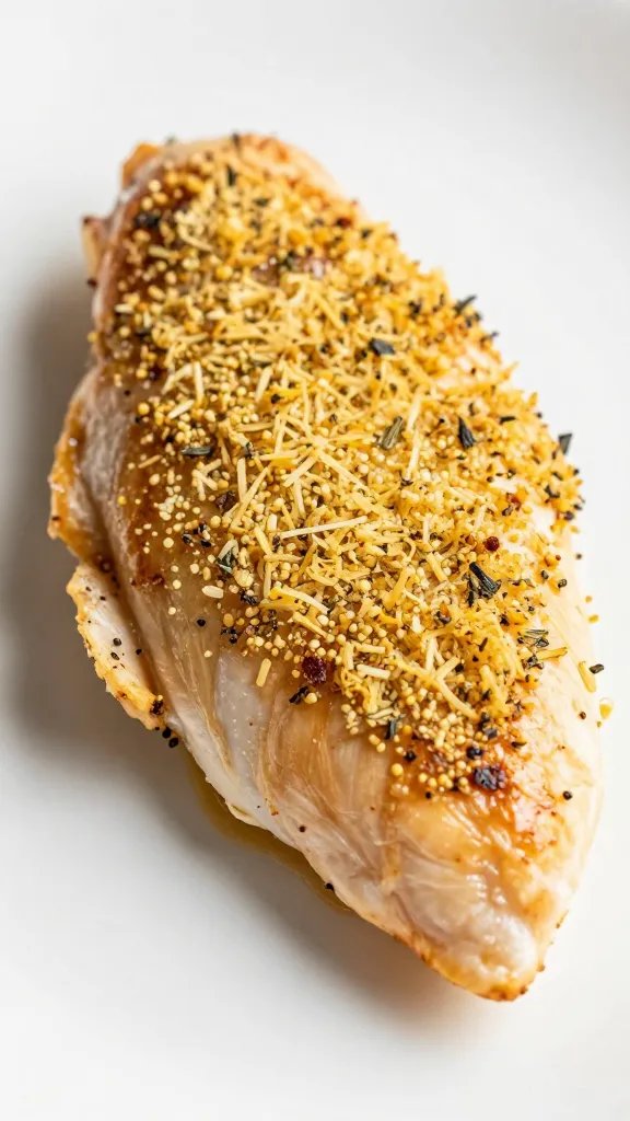 golden parmesan herb crust on juicy chicken breast, macro