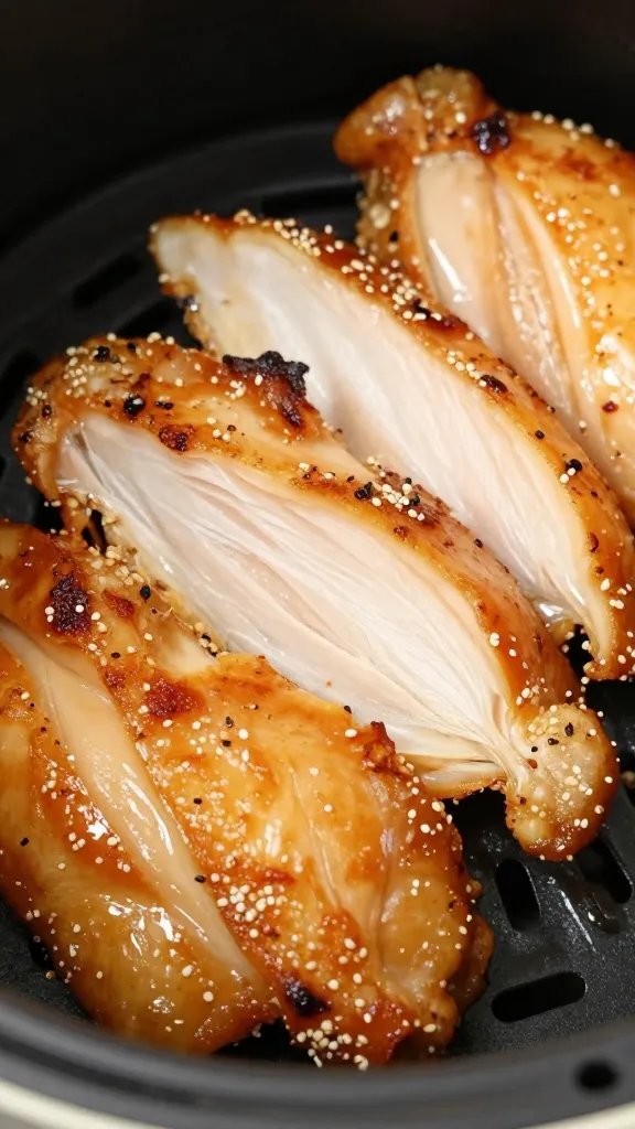 sliced air fryer chicken breast showing moist interior, closeup