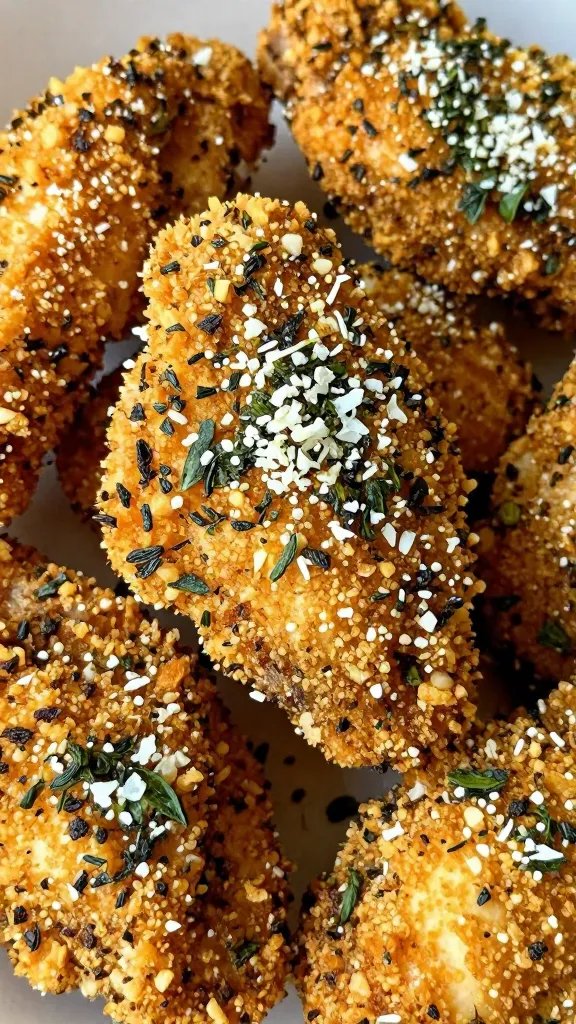 crispy oregano-basil parmesan coating on chicken, tight shot