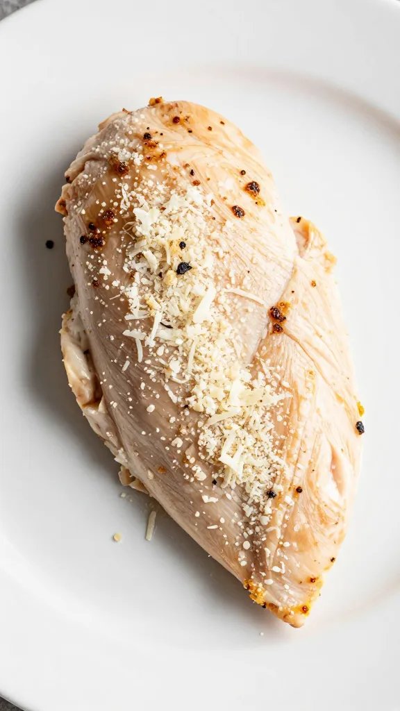 keto chicken breast on white plate, parmesan crust detail