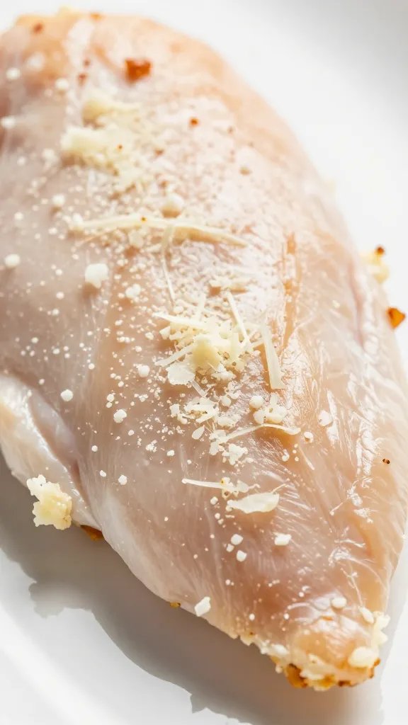 parmesan frico-like crust edges on chicken breast, macro