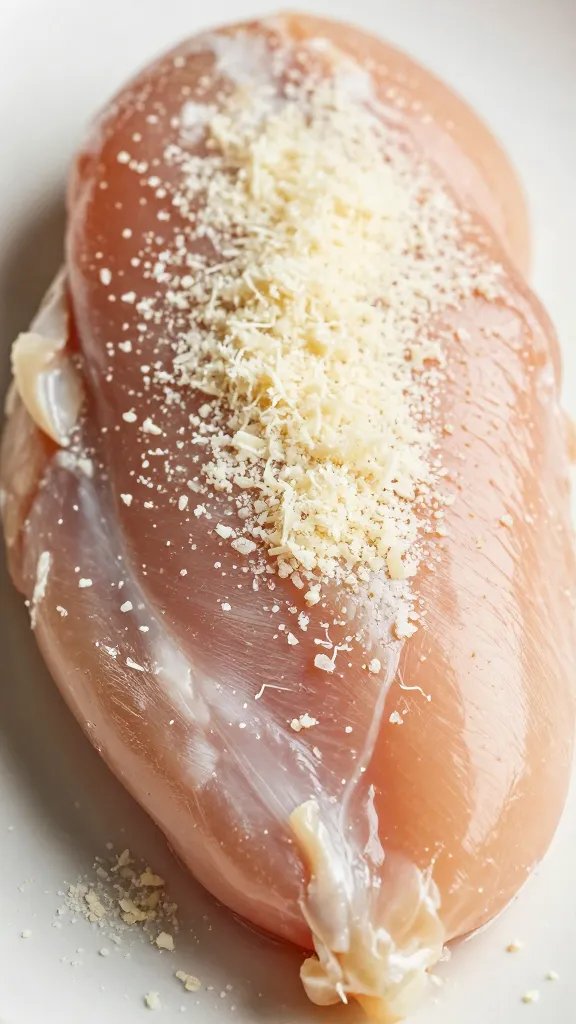 seasoned raw chicken breast coated in grated parmesan, closeup