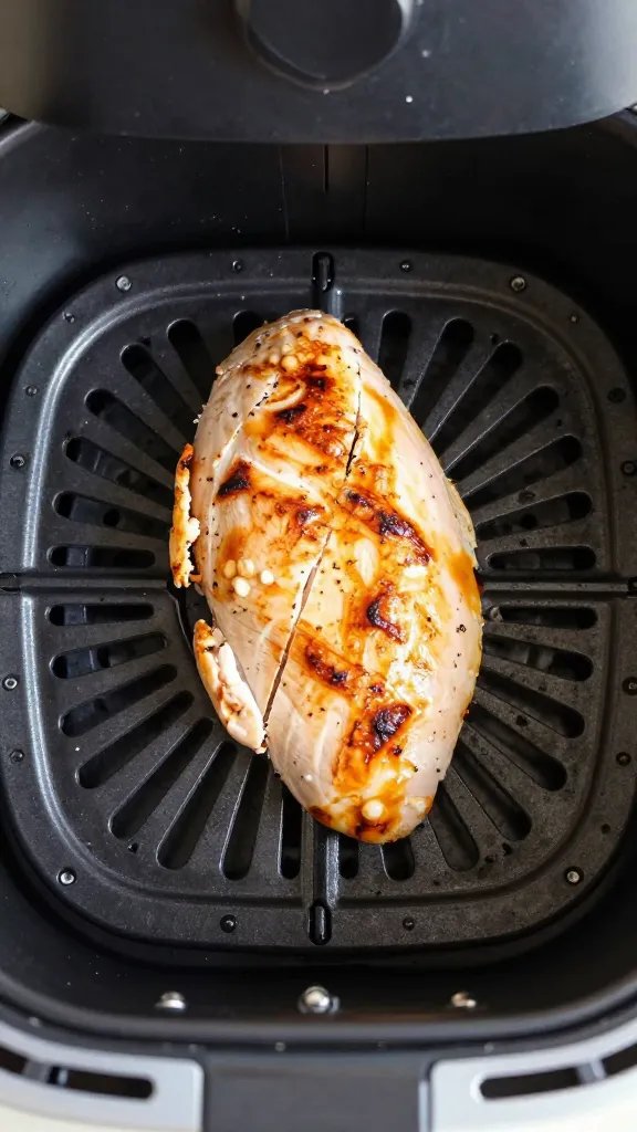 air fryer basket holding single cooked chicken breast, overhead
