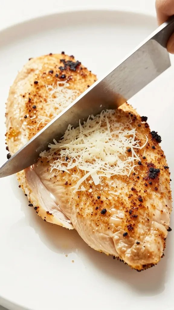 knife cutting into parmesan-crusted chicken breast, juicy center