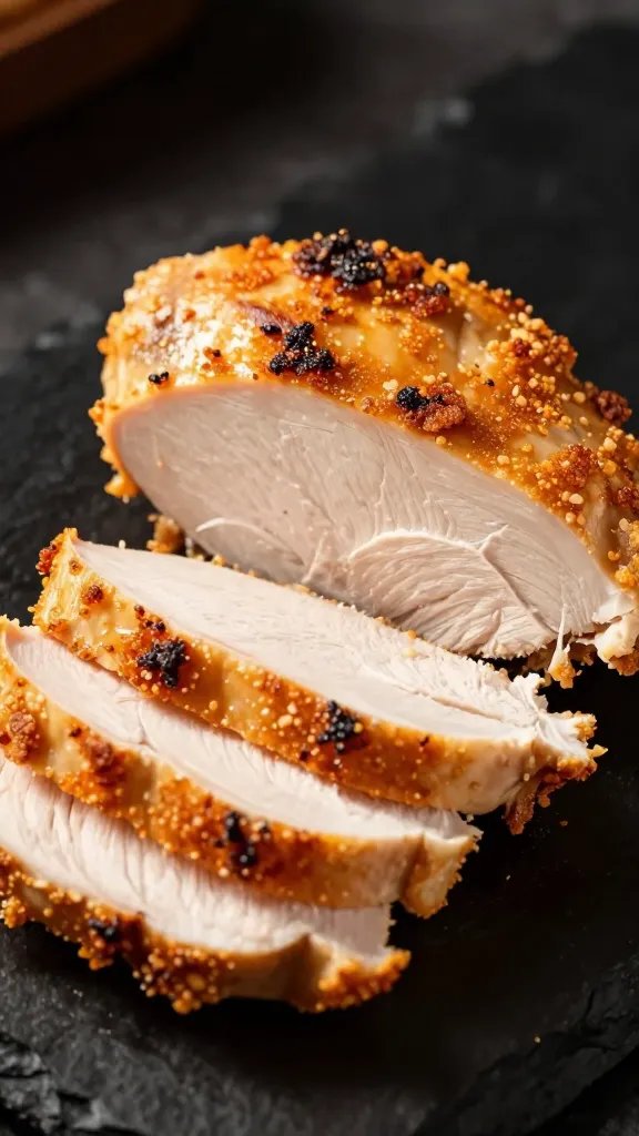 sliced juicy chicken breast showing moist interior, crispy crust