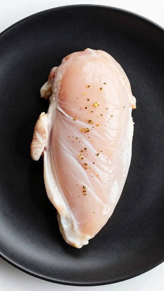 single chicken breast on matte black plate, herb crumbs