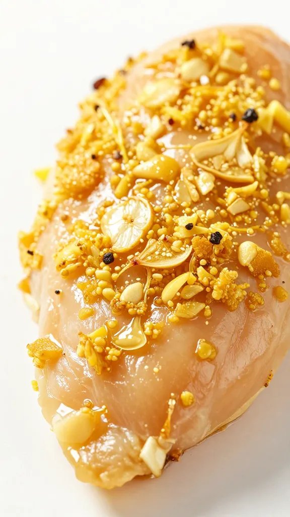 macro of golden garlic crust on chicken breast