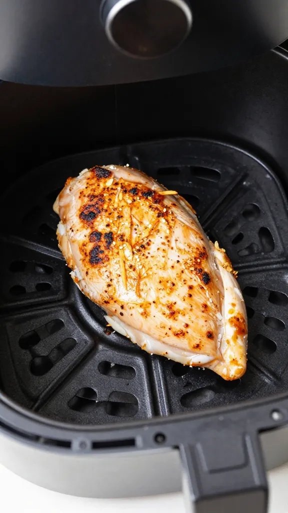 single air fryer basket holding one crusted chicken breast