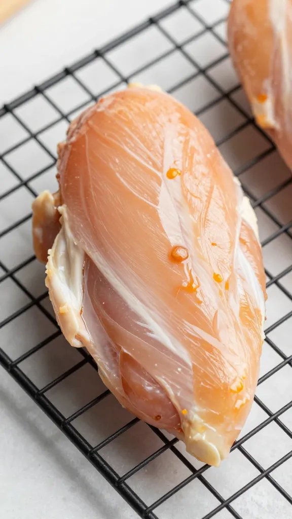 chicken breast on cooling rack, visible rendered juices